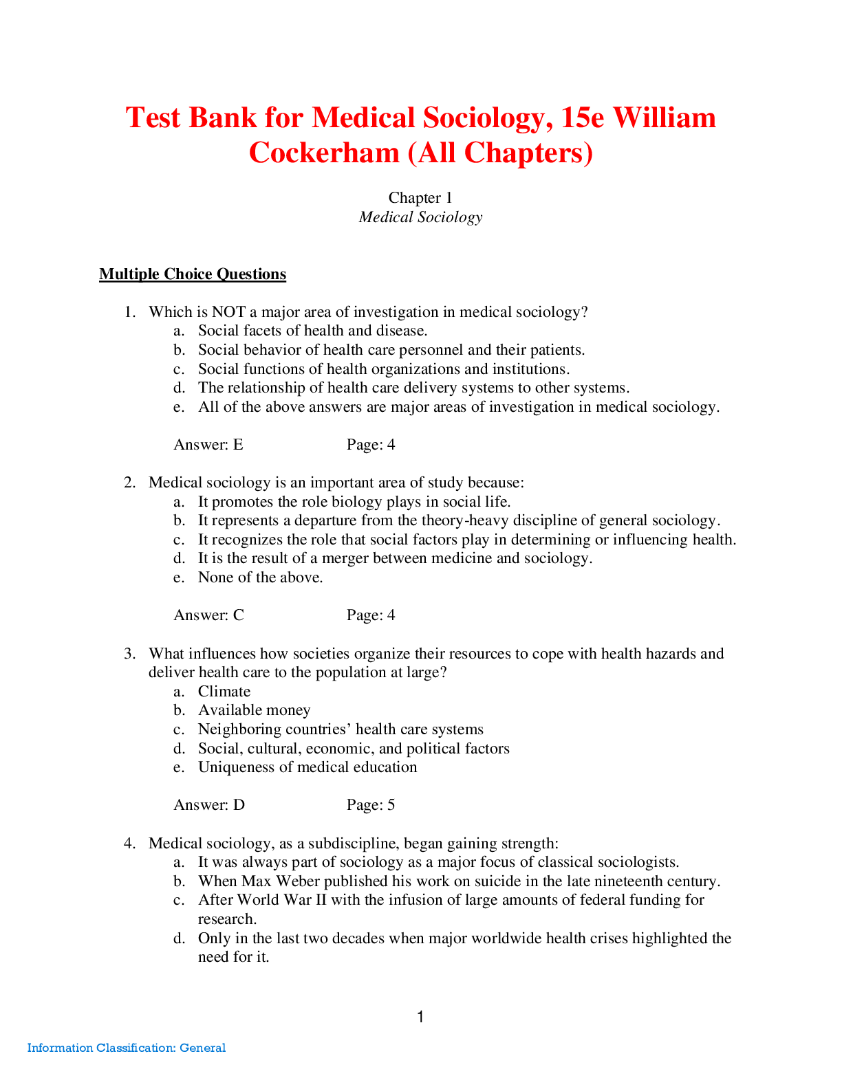 Recommended document preview for Medical Sociology, 15th Edition William Cockerham  | Test Bank